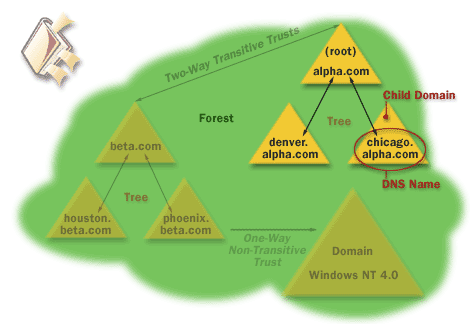 2)When you add a domain to an existing tree, the new domain is a child domain of an existing parent domain. The name of the child domain is combined with the name of the parent domain to form its DNS name.