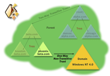 8) Windows networks use one-way, non-transitive trust relationships. You manually create these relationships between existing domains. In a large network, this imposes a lot of administrative overhead. Active Directory supports one-way non-transitive trusts for connections to Windows networks and between Active Directory domains.