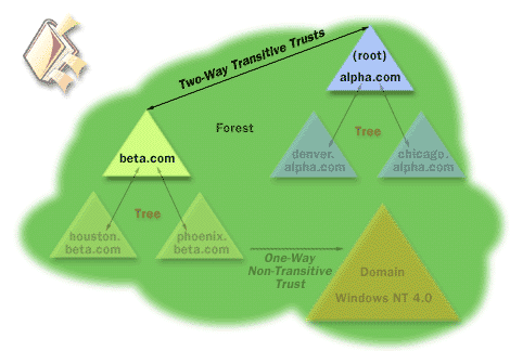 9) In a two-way transitive trust relationship, if domain green trusts domain blue, then domain blue automatically trusts domain green.