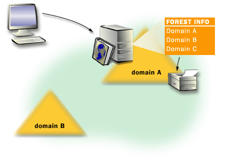 4) The query is resolved at the same domain location and is processed against the global catalog