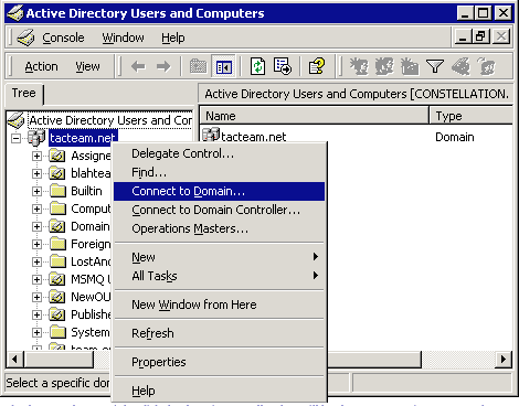 2) In the console tree, right click the domain controller that will be the new operations master, then click Connect to domain.