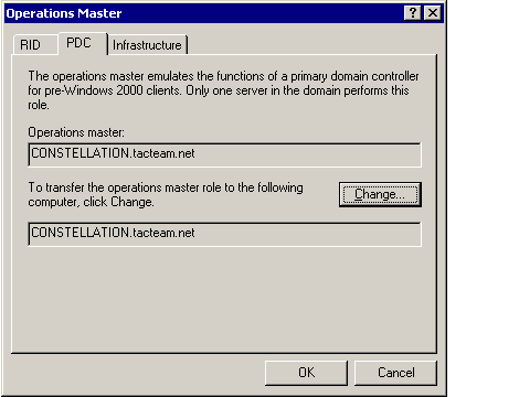 5) If you are using Users and Computers, select the tab for the single master operations role you want to transfer, then click Change.