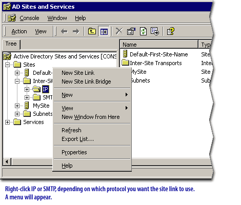 4) Right click IP or SMTP, depending on which protocol you want the site link to use. A men will appear.