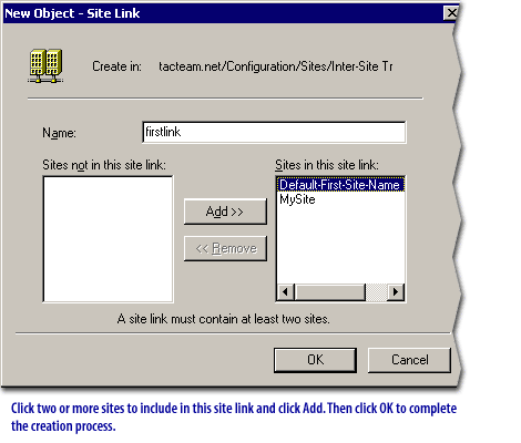 6) Click two or more sites to include in this site link and click Add. Then click OK to complete the creation process.