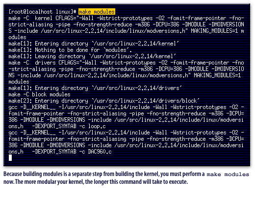 2) building modules is a separate step from building the kernel