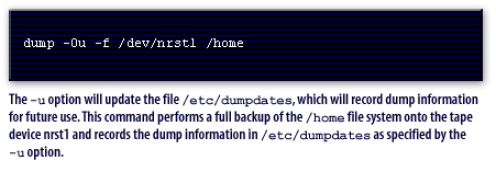 1) The -u option will update the file /etc/dumpdates, which will record dump information for future use. This command performs a full backup of the /home file system onto the tape device nrst1 and record the dump information in /etc/dumpdates as specified by the -u option.