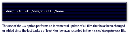 2) This use of the -u option performs an incremental update of all files that have been changed or added since the last backup of level 4 or lower, as recorded in the /etc/dumpates file.