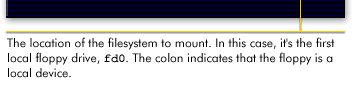 The location of the filesystem to mount. In this case, it is the first local floppy drive, df0. The colon indicates that the floppy is a local device.