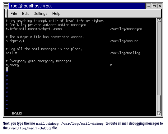 2) Next, you type the line mail.debug /var/log/mail-debug to route all mail debugging messages to the /var/log/mail-debug file.