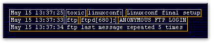 Linux dates and messages being displayed on the screen.