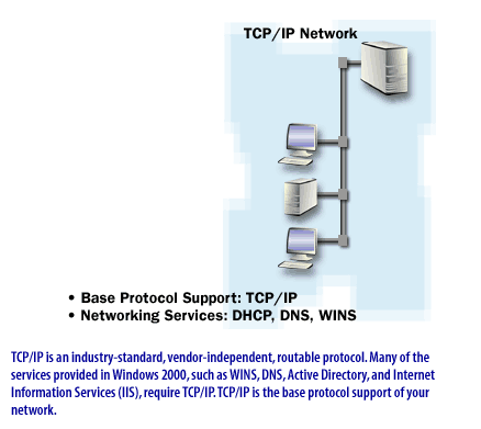 1) TCP/IP is an industry-standard, vendor-independent, routable protocol. Many of the services provided in Windows, such as WINS, DNS, Active Directory, and Internet Information Services, require TCP/IP. TCP/IP is the base protocol support of your network.