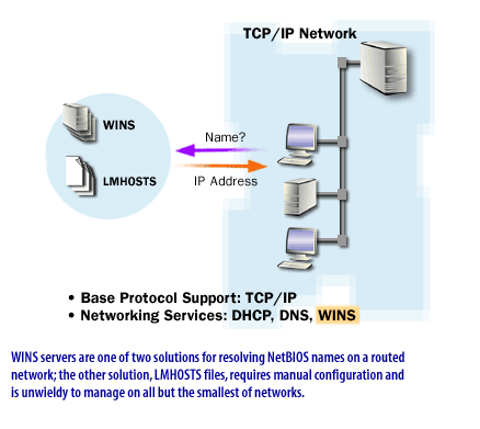 10) WINS servers are one of two solutions for resolving NetBIOS names on a routed network; the other solution , LMHOSTS files, requires manual configuration and is unwieldy to manage on all but the smallest of networks.