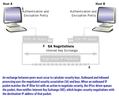 2) An exchange between peers must occur to calculate security keys. Outbound and inbound processing uses the negotiated and security association (SA) and keys.