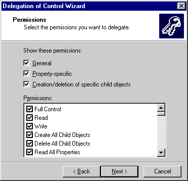 Permissions page in Delegate Control Wizard