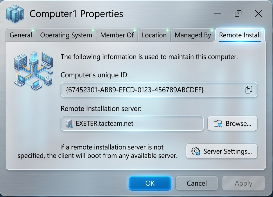 Computer account properties showing GUID or hardware identity used to identify a known WDS deployment client