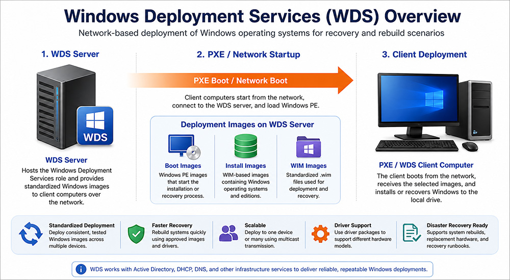 Windows Deployment Services overview showing a WDS server, PXE network startup, deployment images, and WDS client deployment