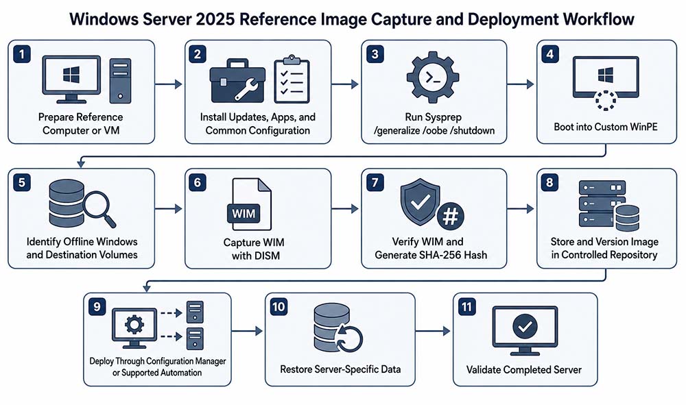 Windows Server 2025 workflow showing reference computer preparation, Sysprep generalization, WinPE boot, DISM capture, WIM verification, secure storage, deployment, recovery, and validation