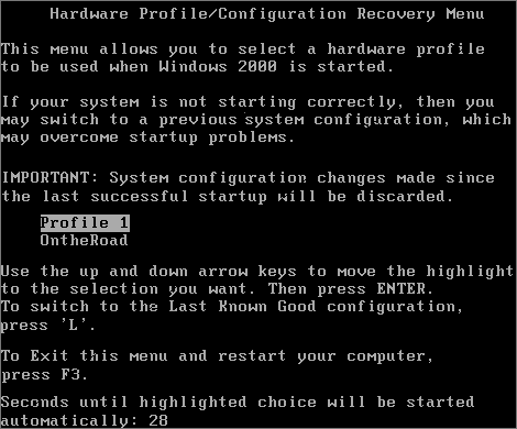 Hardware Profile/Configuration Recovery Menu