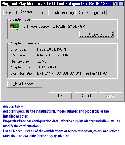 2) Adapter Type: List the manufacture, model number, and properties of the installed adpater