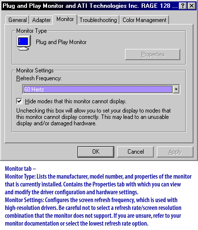 3) Monitor Tab - Monitor Type: Lists the manufacturer, model number, and properties of the monitor that is currently installed.