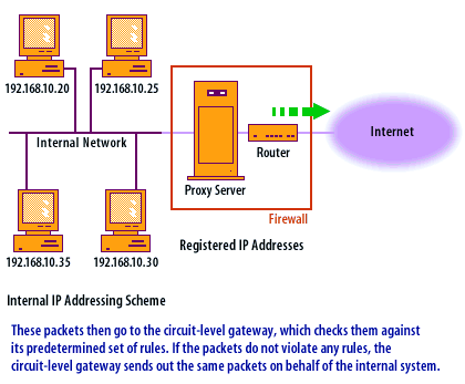These packets, then go the circuit-level gateway, which checks them against its predetermined set of rules. If the packets do not violate any rules, the circuit-level gateway sends out the same packets on behalf of the internal system.