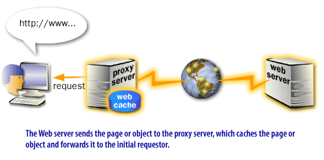 The Web server sends the page or object to the proxy server, which caches the page or object and forwards it to the initial requestor.