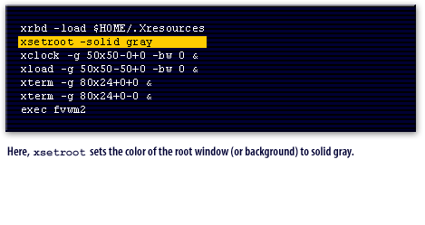 2) xsetroot sets the color of the root window (or background)