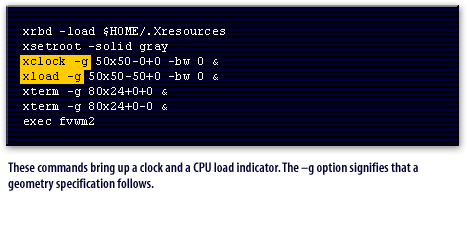 3) These commands bring up a clock and a CPU load indicator.