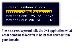 4) The search keyword tells the DNS application what other domains to look for in hosts that do not exist in your domain.