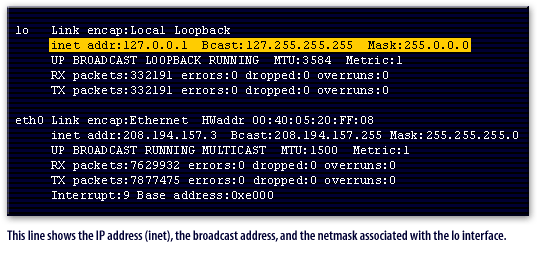 2) This line shows the IP address (inet), the broadcast address, and the netmask associated with the lo interface.