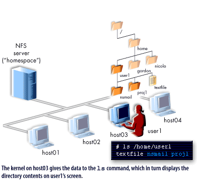 4) The kernel on host03 gives the data to the ls command, which in turn displays the directory contents on users 1's screen.