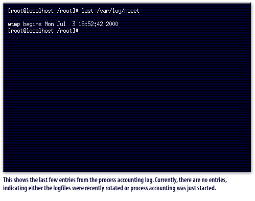 6) This shows the last few entries from the process accounting log. 