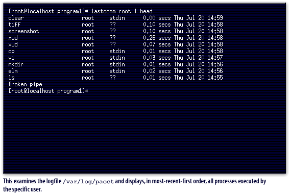 1) This examines the logfile /var/log/pacct  and displays, in most-recent-first order, all processes executed by the specific user.