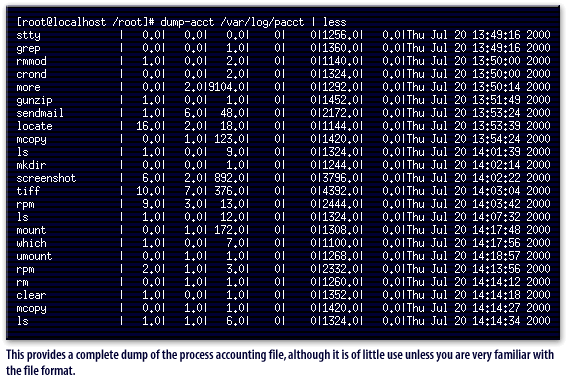 3) This provides a complete dump of the process accounting file, although it is of little use unless you are very familiar with the file format.