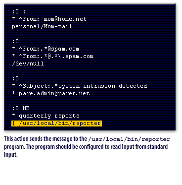 This action sends the message to the /usr/local/bin/reporter program. The program should be configured to read input from standard input.