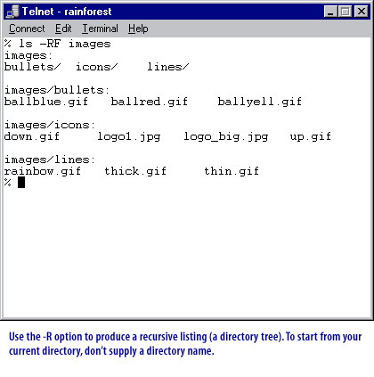 3) Use the -R option to produce a recursive listing (a directory tree). To start from your current directoy, do not supply a directory name.