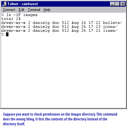 4) Suppose you want to check permissions on the images directory. This command does the wrong thing. It lists the contents of the directory instead of the directory itself.