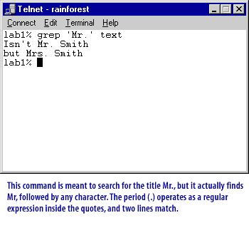 This command is meant to search for the title Mr., but it actually finds Mr. followed by any character. The period (.) operates as a regular expression inside the quotes, and two lines match.