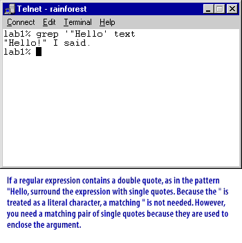 If a regular expression contains a double quote, as in the pattern "Hello" , surround the expression with single quotes. 
Because the is treated as a literal character, a matching is not needed. However, you need a matching pair of single quotes because they are used to enclose the argument