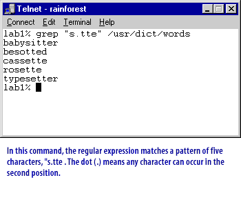 1) In this command, the regular expression matches a pattern of five characters