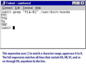 4) This expression uses [] to match a character range, uppercase A to H.