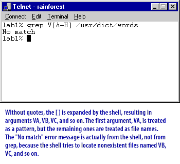 5) Without quotes, the [] is expanded by the shell, resulting in arguments VA, VB, VC, and so on.