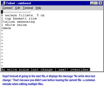 4) Instead of going to the next file, vi displays the message "No write since last change." 