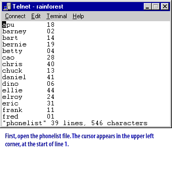 1) First open the phonelist file. The cursor appears in the upper left corner, at the start of line 1.