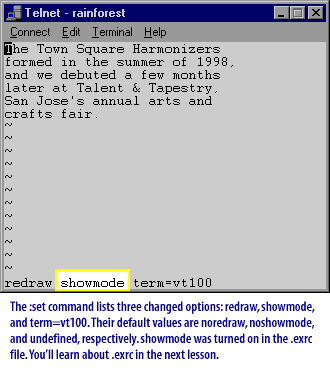 3) The set command lists three changed options: redraw, showmode and term=vt100.