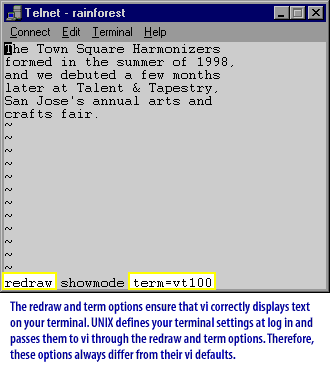 4) The redraw and term options ensure that vi correctly displays text on your terminal.The redraw and term options ensure that vi correctly displays text on your terminal.