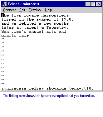 7) The listing now shows the ignorecase option that you turned on.