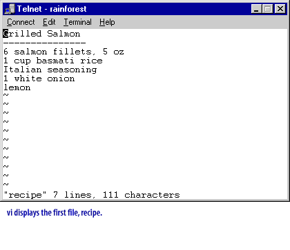 2) vi displays the first file, recipe