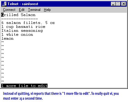 9) Instead of quitting, vi report that there is 1 more file to edit. To really quit vi, you must enter :q a second time