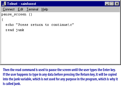 Then the read command is used to pause the screen until the user types the Enter key. 